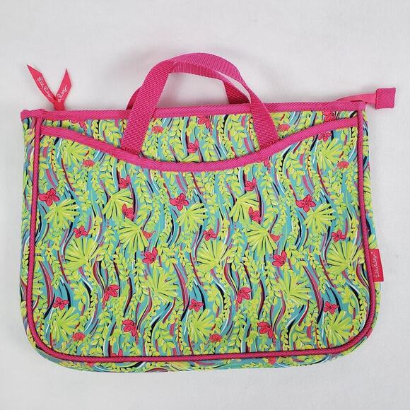 LILLY PULITZER Laptop Tote Bag Green & Pink Neoprene Cushioned Double Handle - Picture 1 of 11